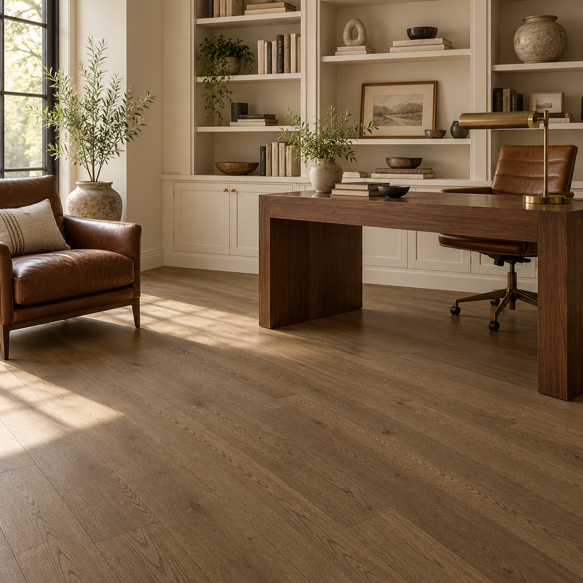 Camel engineered hardwood installed in a home study