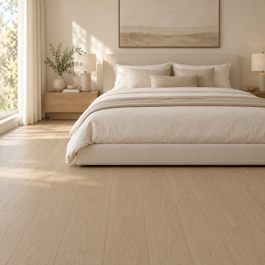 Cream engineered hardwood installed in a bedroom
