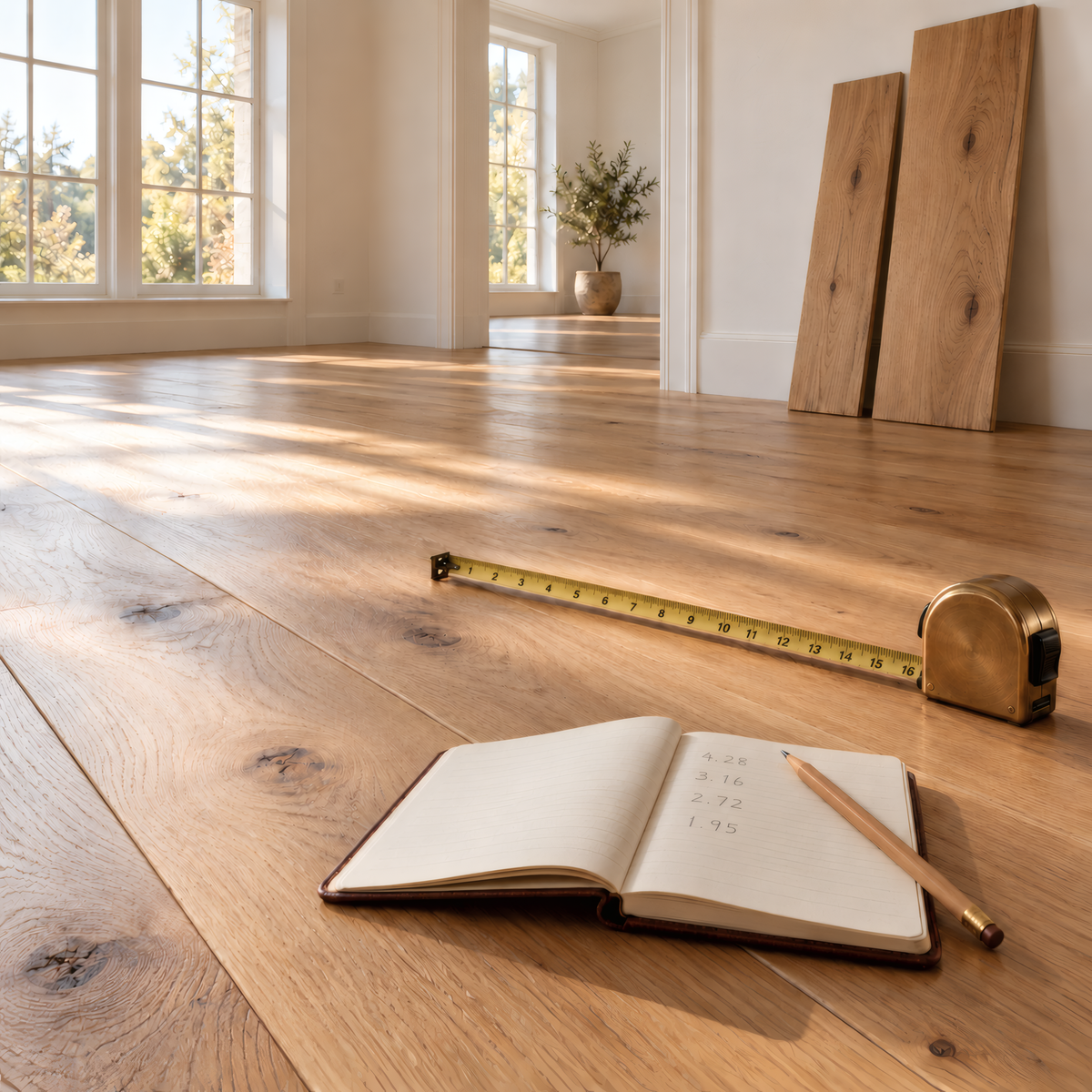 Brass tape measure and notebook with room measurements on a natural oak floor