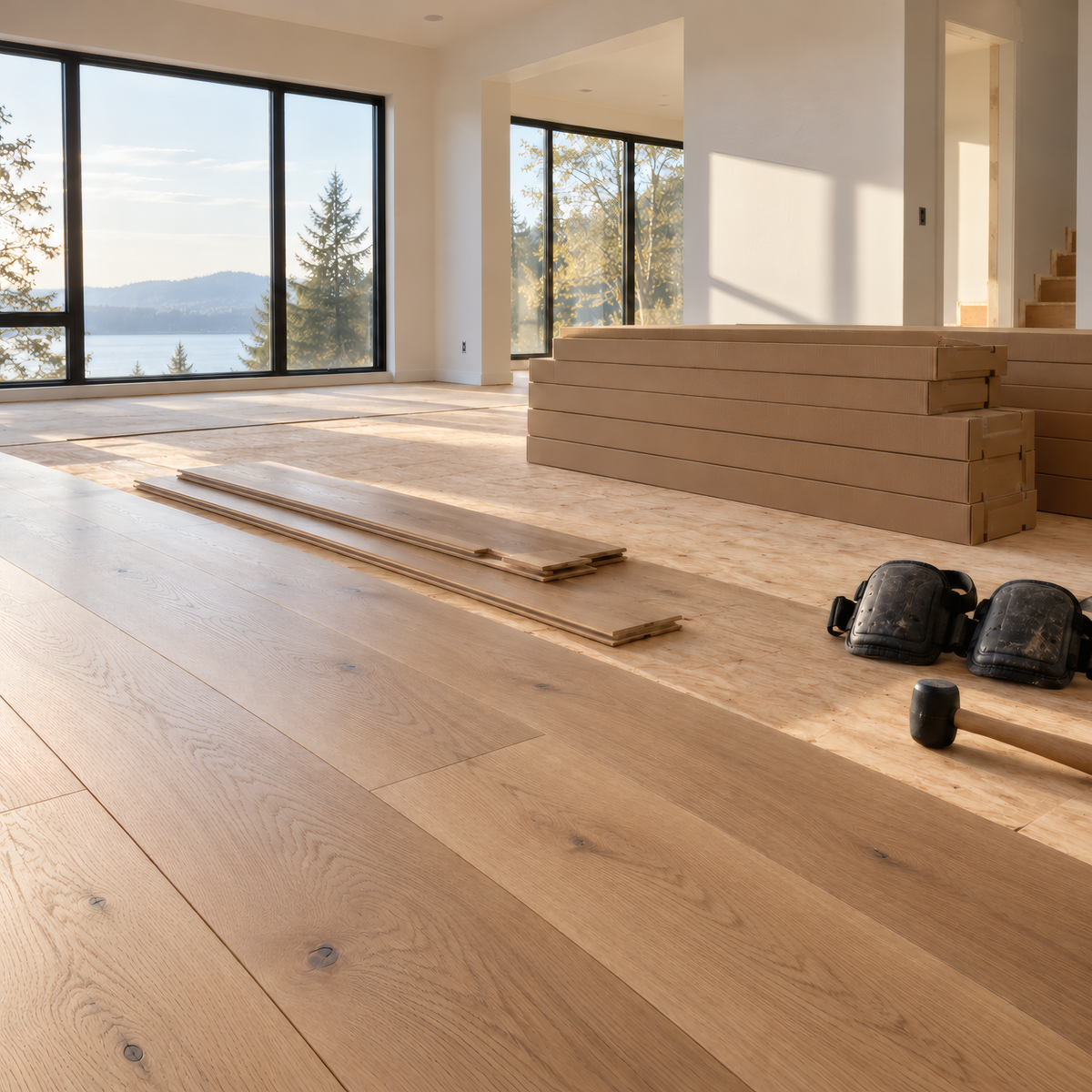 Wide-plank oak flooring being installed in a new home