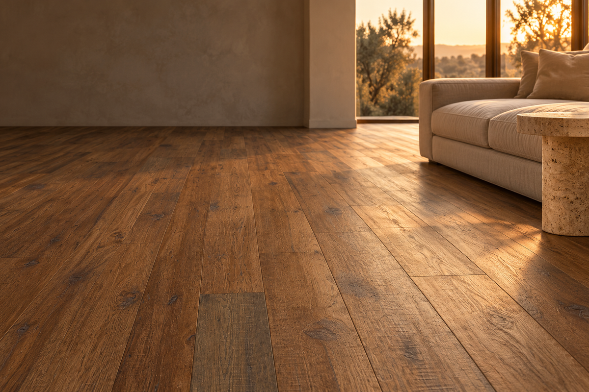 Warm oak hardwood floor in a calm living room at golden hour
