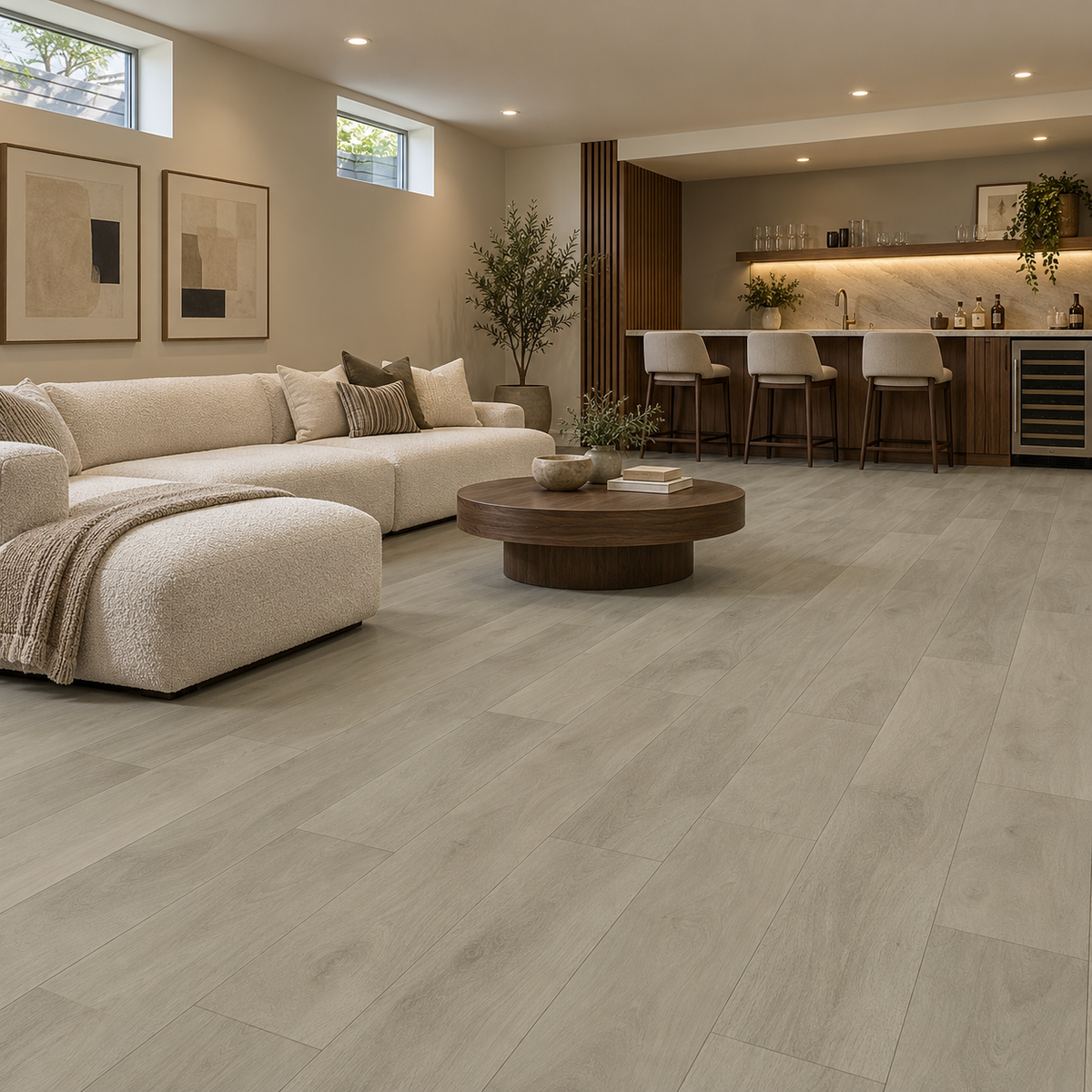 Milan luxury vinyl plank installed in a basement lounge