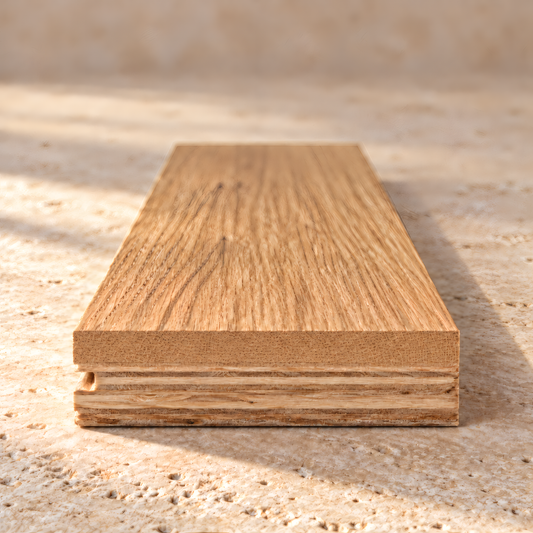 Cross-section of engineered hardwood showing the real wood wear layer over a multi-ply core