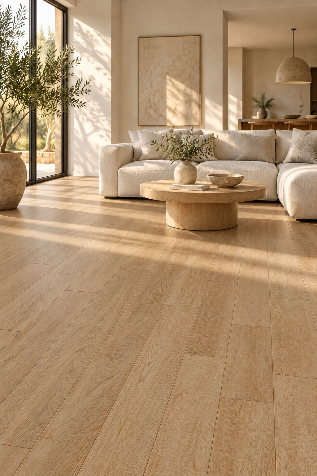 Warm natural oak engineered hardwood flooring in a sunlit living room with a cream linen sofa