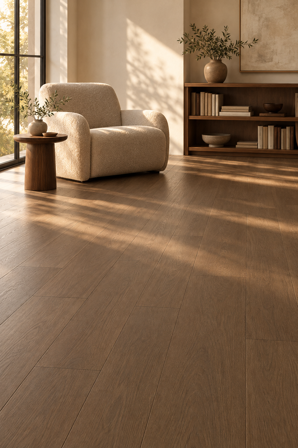 Warm mid-brown luxury laminate flooring in a sunlit family room with a boucle reading chair and bookshelf