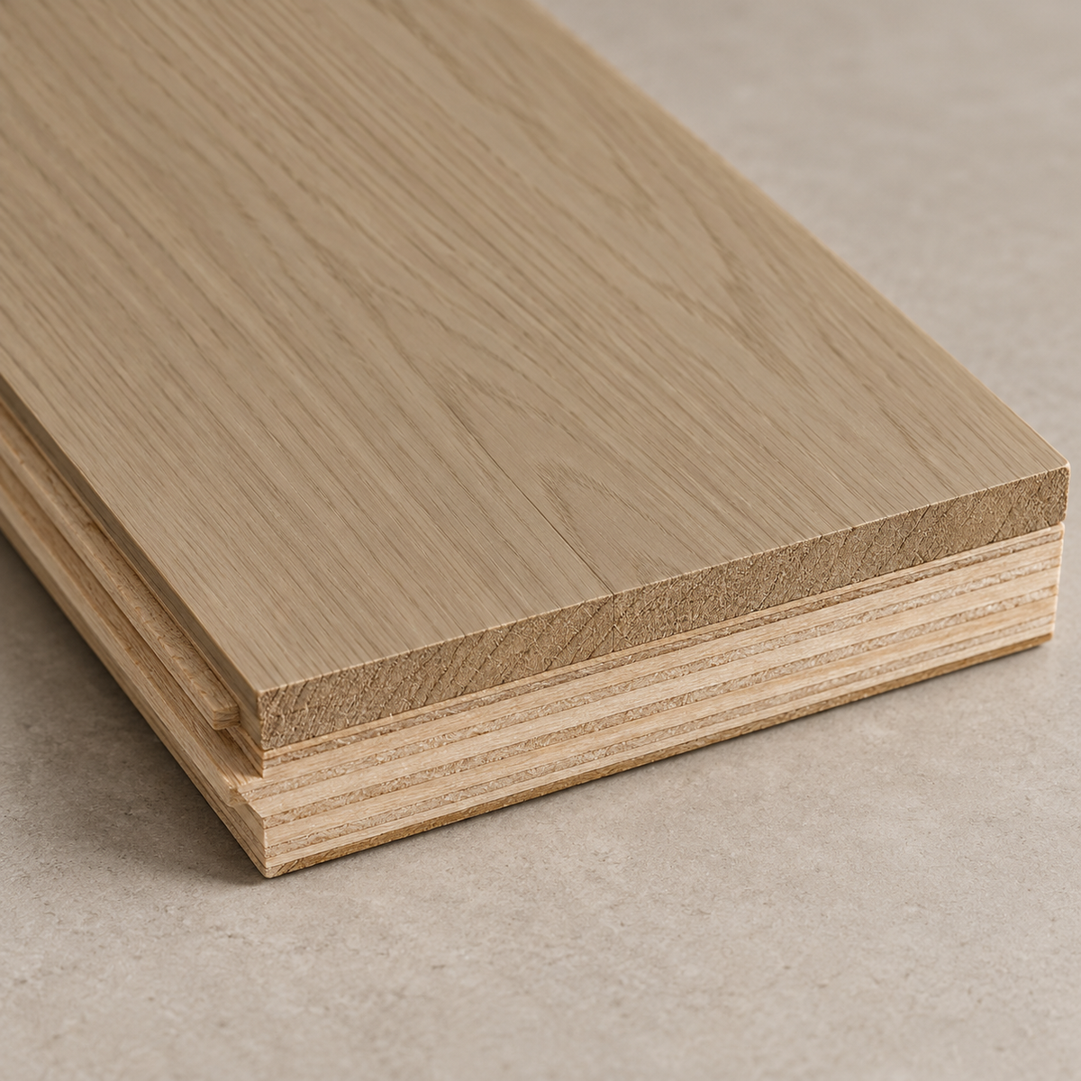 Cream engineered hardwood plank construction
