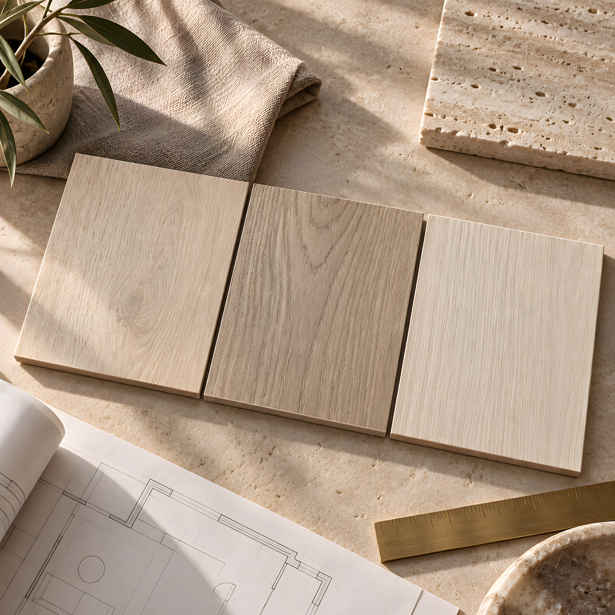 Flooring samples on a designer material board