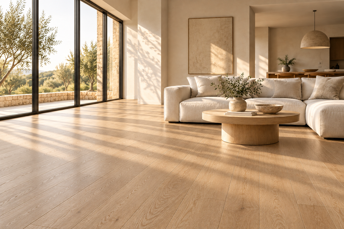 Warm honey oak flooring in a sunlit open-plan living room