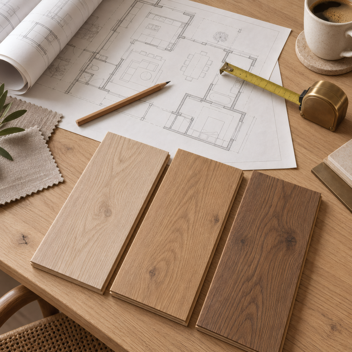 Floor plans and flooring samples laid out on a table
