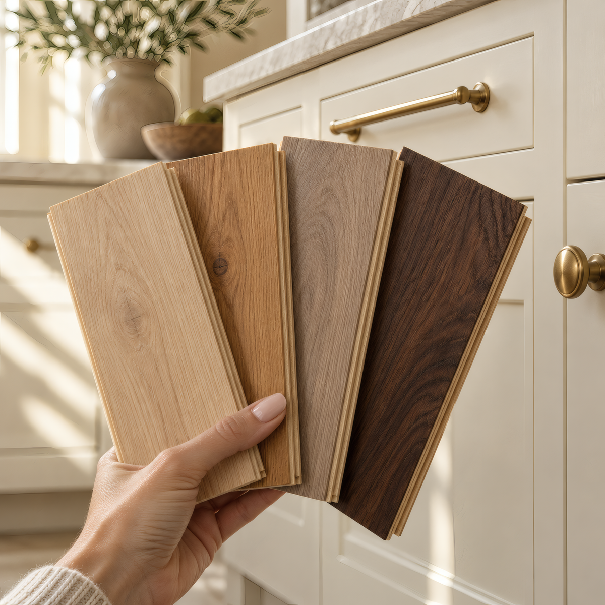 Hand holding four wood flooring samples against cream kitchen cabinets