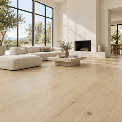 Milky engineered hardwood installed in a great room